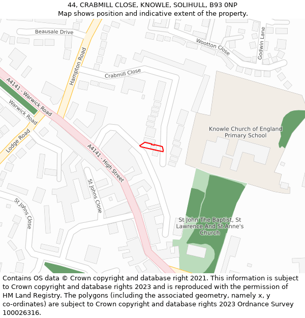 44, CRABMILL CLOSE, KNOWLE, SOLIHULL, B93 0NP: Location map and indicative extent of plot