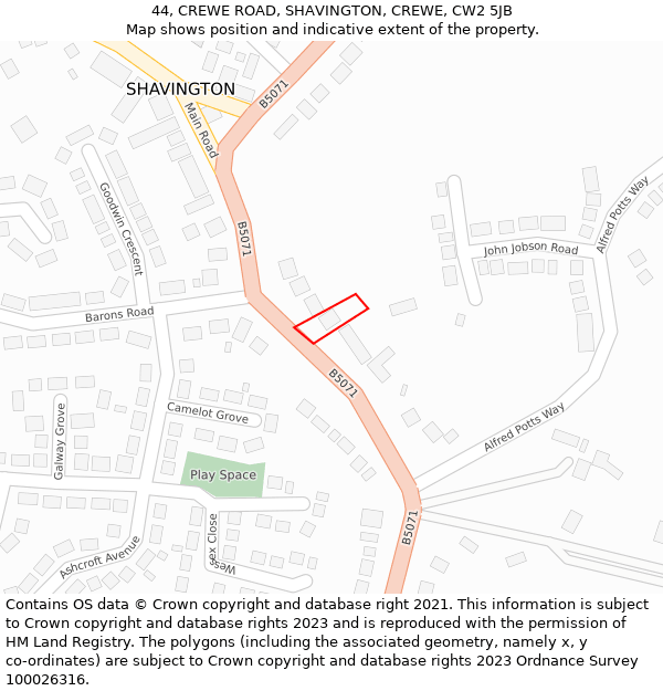 44, CREWE ROAD, SHAVINGTON, CREWE, CW2 5JB: Location map and indicative extent of plot