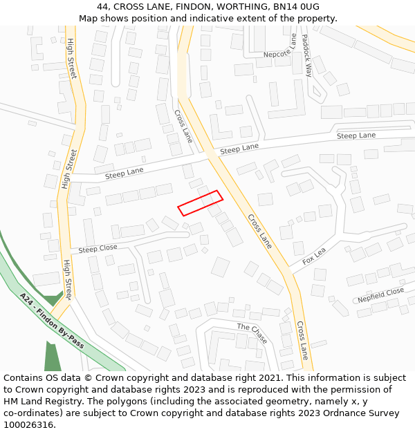 44, CROSS LANE, FINDON, WORTHING, BN14 0UG: Location map and indicative extent of plot