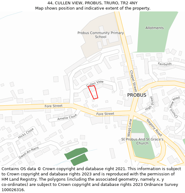 44, CULLEN VIEW, PROBUS, TRURO, TR2 4NY: Location map and indicative extent of plot