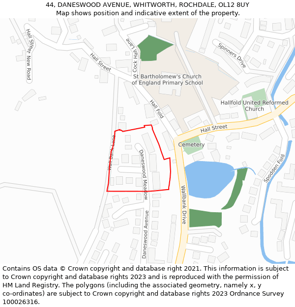 44, DANESWOOD AVENUE, WHITWORTH, ROCHDALE, OL12 8UY: Location map and indicative extent of plot