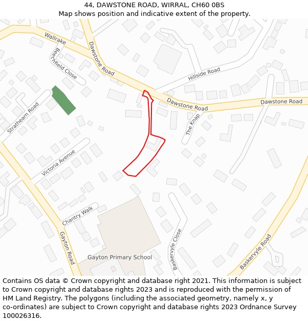 44, DAWSTONE ROAD, WIRRAL, CH60 0BS: Location map and indicative extent of plot