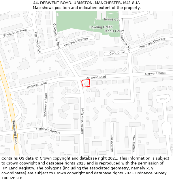 44, DERWENT ROAD, URMSTON, MANCHESTER, M41 8UA: Location map and indicative extent of plot