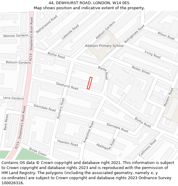 44, DEWHURST ROAD, LONDON, W14 0ES: Location map and indicative extent of plot