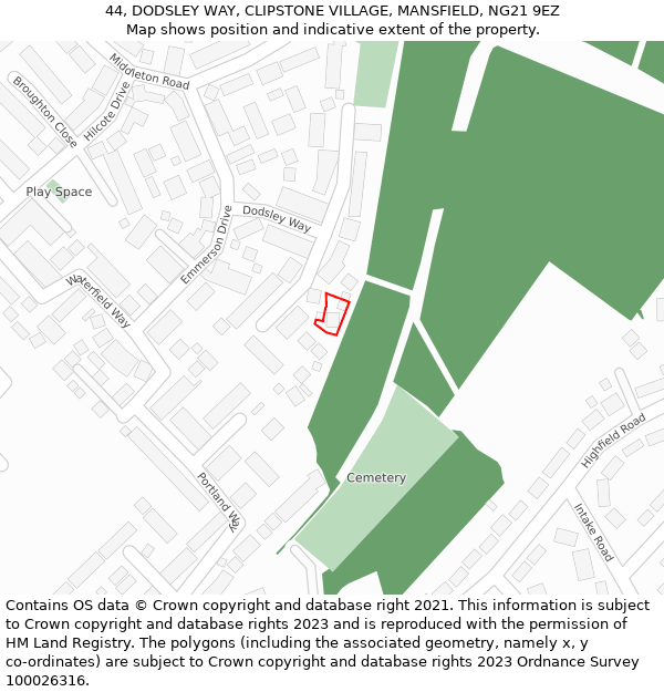 44, DODSLEY WAY, CLIPSTONE VILLAGE, MANSFIELD, NG21 9EZ: Location map and indicative extent of plot