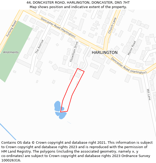 44, DONCASTER ROAD, HARLINGTON, DONCASTER, DN5 7HT: Location map and indicative extent of plot