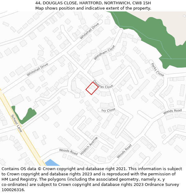 44, DOUGLAS CLOSE, HARTFORD, NORTHWICH, CW8 1SH: Location map and indicative extent of plot