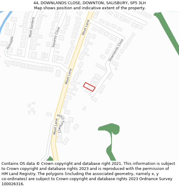 44, DOWNLANDS CLOSE, DOWNTON, SALISBURY, SP5 3LH: Location map and indicative extent of plot