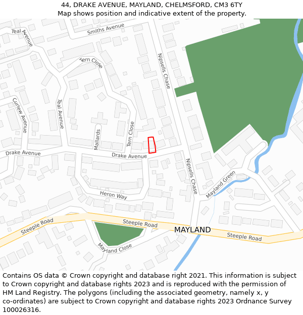 44, DRAKE AVENUE, MAYLAND, CHELMSFORD, CM3 6TY: Location map and indicative extent of plot