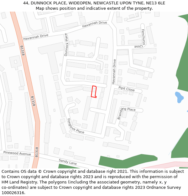 44, DUNNOCK PLACE, WIDEOPEN, NEWCASTLE UPON TYNE, NE13 6LE: Location map and indicative extent of plot