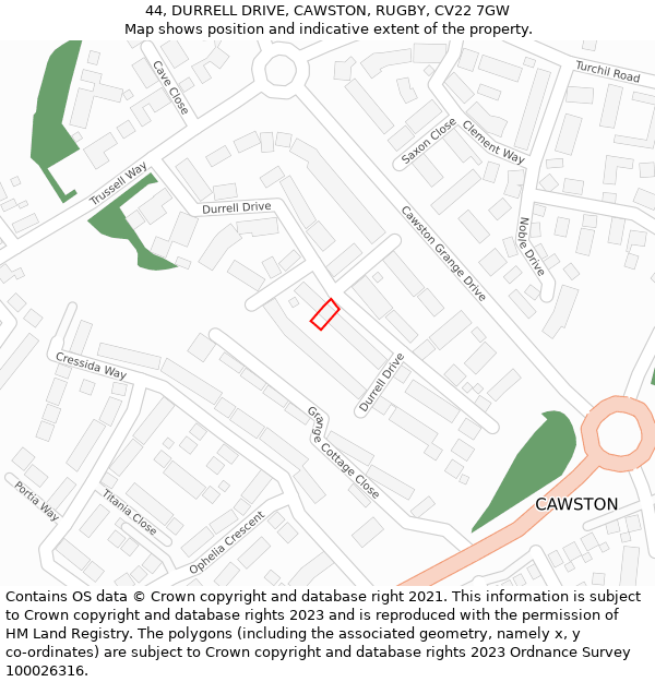 44, DURRELL DRIVE, CAWSTON, RUGBY, CV22 7GW: Location map and indicative extent of plot