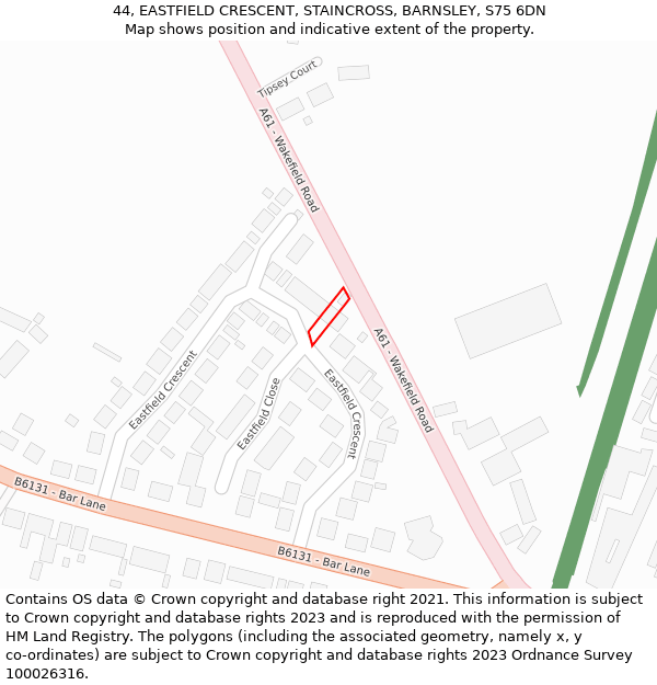 44, EASTFIELD CRESCENT, STAINCROSS, BARNSLEY, S75 6DN: Location map and indicative extent of plot