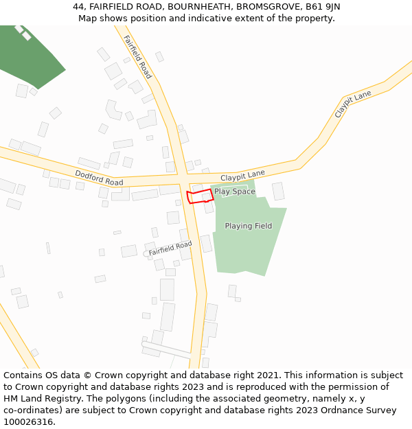 44, FAIRFIELD ROAD, BOURNHEATH, BROMSGROVE, B61 9JN: Location map and indicative extent of plot