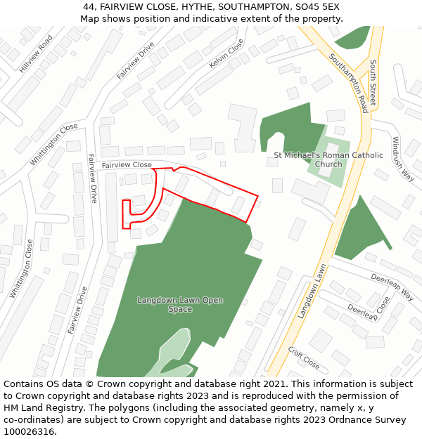 44, FAIRVIEW CLOSE, HYTHE, SOUTHAMPTON, SO45 5EX: Location map and indicative extent of plot