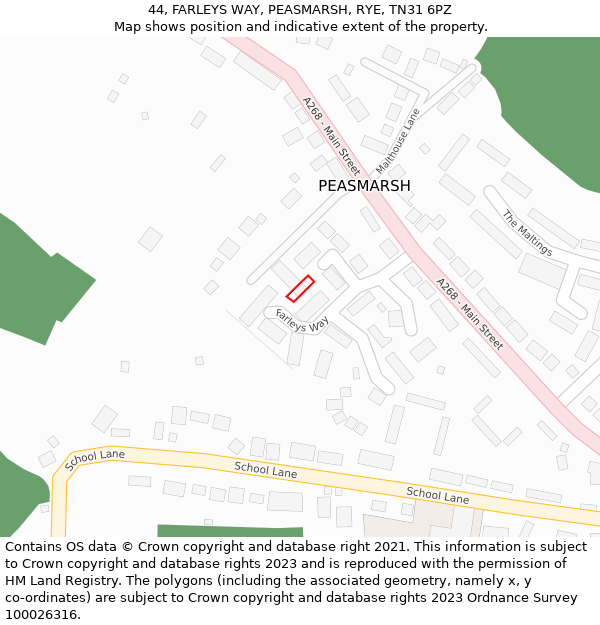 44, FARLEYS WAY, PEASMARSH, RYE, TN31 6PZ: Location map and indicative extent of plot