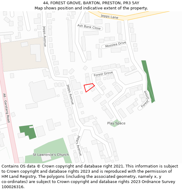 44, FOREST GROVE, BARTON, PRESTON, PR3 5AY: Location map and indicative extent of plot