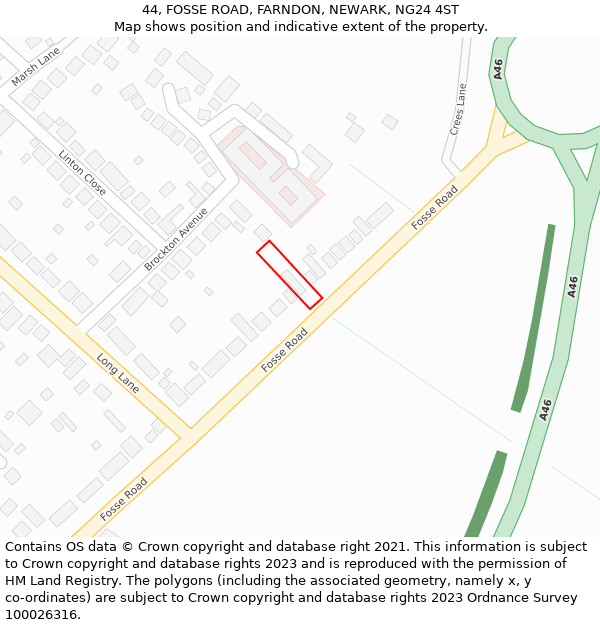44, FOSSE ROAD, FARNDON, NEWARK, NG24 4ST: Location map and indicative extent of plot