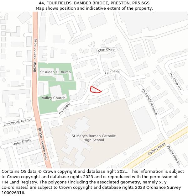 44, FOURFIELDS, BAMBER BRIDGE, PRESTON, PR5 6GS: Location map and indicative extent of plot