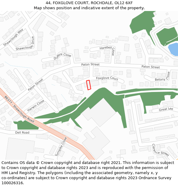 44, FOXGLOVE COURT, ROCHDALE, OL12 6XF: Location map and indicative extent of plot