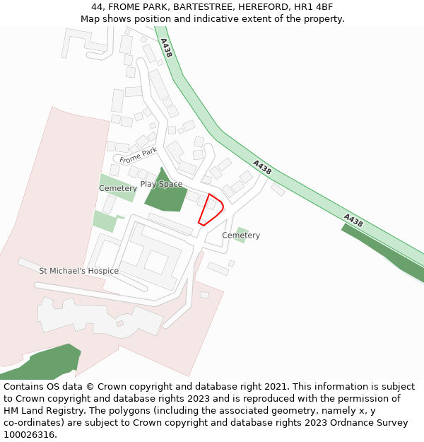44, FROME PARK, BARTESTREE, HEREFORD, HR1 4BF: Location map and indicative extent of plot