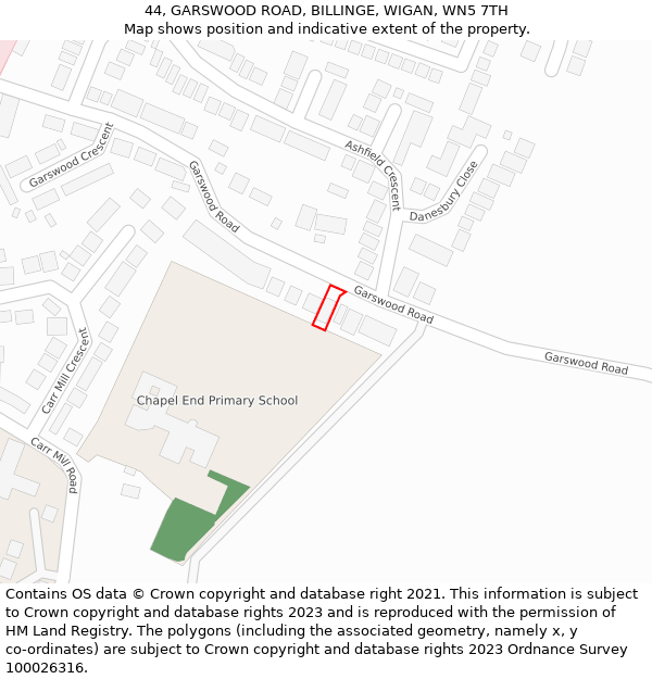 44, GARSWOOD ROAD, BILLINGE, WIGAN, WN5 7TH: Location map and indicative extent of plot