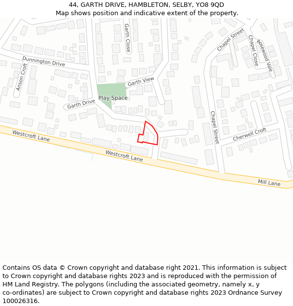 44, GARTH DRIVE, HAMBLETON, SELBY, YO8 9QD: Location map and indicative extent of plot