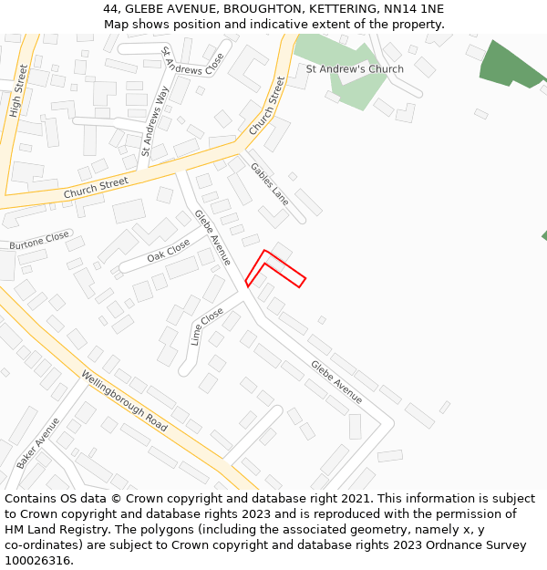 44, GLEBE AVENUE, BROUGHTON, KETTERING, NN14 1NE: Location map and indicative extent of plot