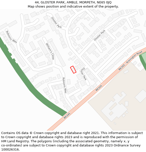 44, GLOSTER PARK, AMBLE, MORPETH, NE65 0JQ: Location map and indicative extent of plot