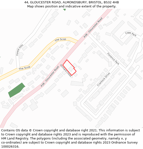 44, GLOUCESTER ROAD, ALMONDSBURY, BRISTOL, BS32 4HB: Location map and indicative extent of plot