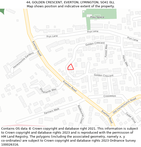 44, GOLDEN CRESCENT, EVERTON, LYMINGTON, SO41 0LL: Location map and indicative extent of plot