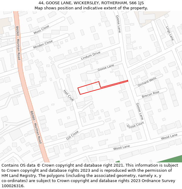 44, GOOSE LANE, WICKERSLEY, ROTHERHAM, S66 1JS: Location map and indicative extent of plot