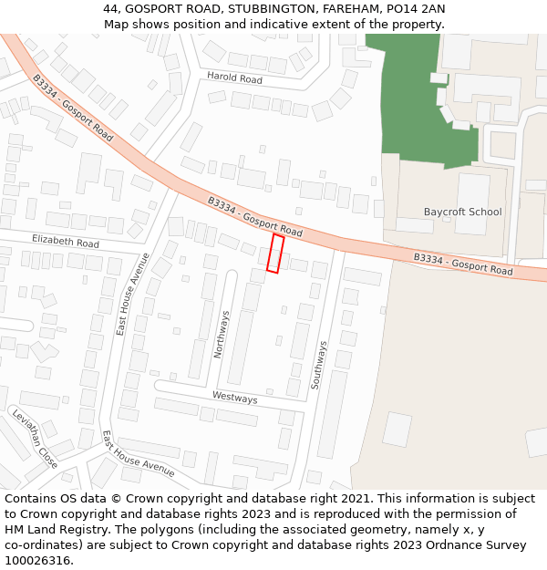 44, GOSPORT ROAD, STUBBINGTON, FAREHAM, PO14 2AN: Location map and indicative extent of plot