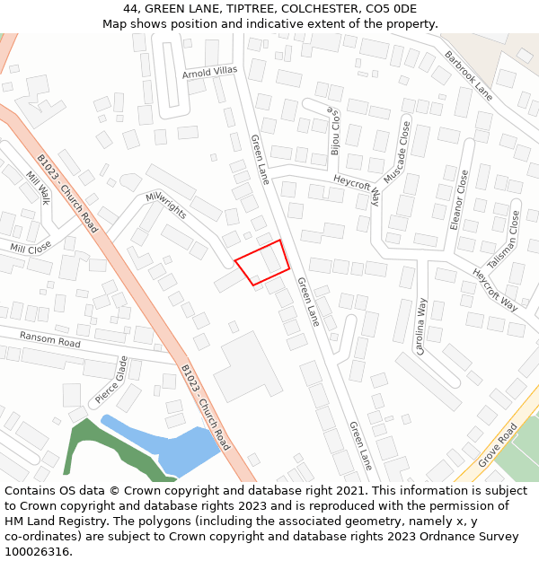 44, GREEN LANE, TIPTREE, COLCHESTER, CO5 0DE: Location map and indicative extent of plot