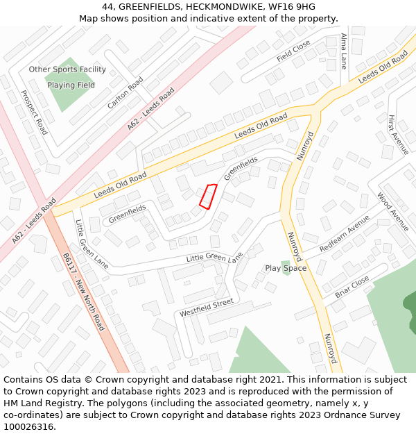 44, GREENFIELDS, HECKMONDWIKE, WF16 9HG: Location map and indicative extent of plot