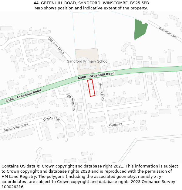 44, GREENHILL ROAD, SANDFORD, WINSCOMBE, BS25 5PB: Location map and indicative extent of plot