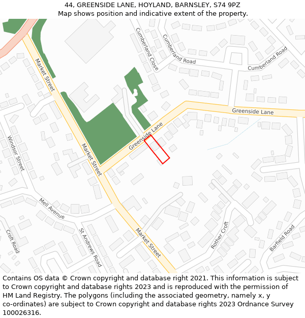 44, GREENSIDE LANE, HOYLAND, BARNSLEY, S74 9PZ: Location map and indicative extent of plot