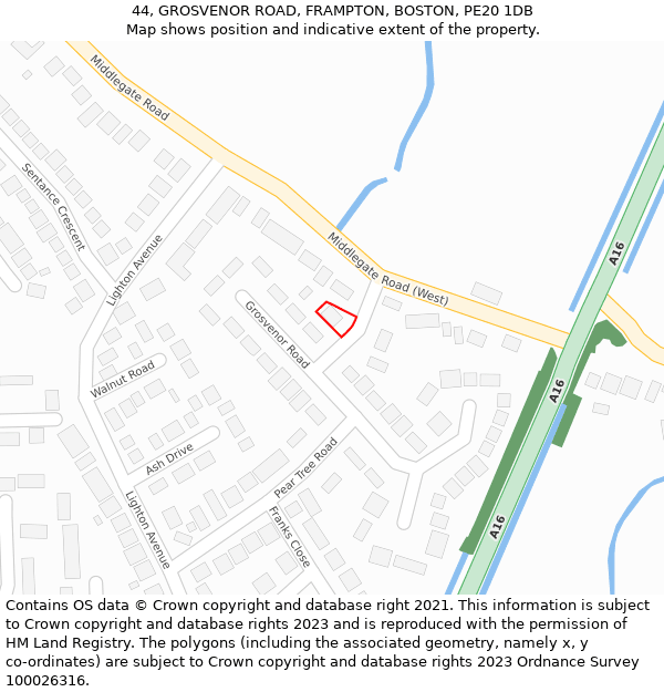 44, GROSVENOR ROAD, FRAMPTON, BOSTON, PE20 1DB: Location map and indicative extent of plot