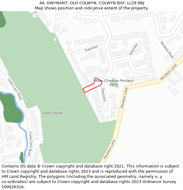 44, GWYNANT, OLD COLWYN, COLWYN BAY, LL29 9NJ: Location map and indicative extent of plot