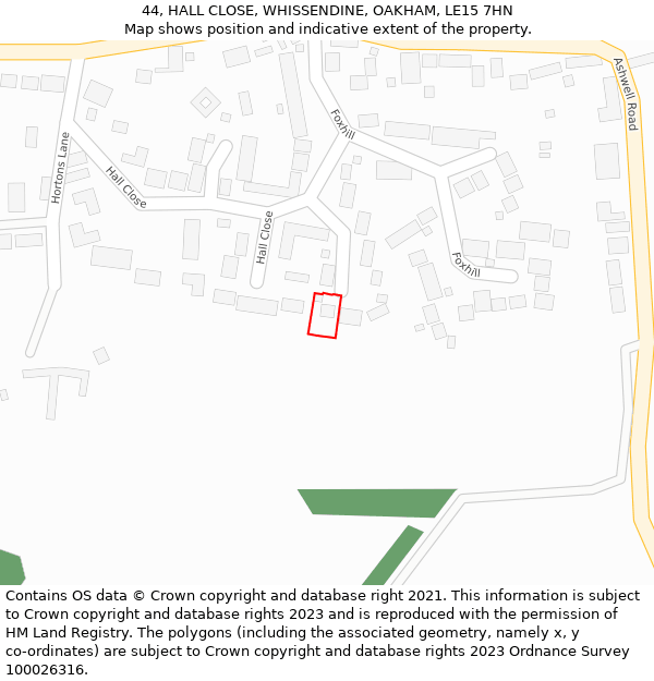 44, HALL CLOSE, WHISSENDINE, OAKHAM, LE15 7HN: Location map and indicative extent of plot