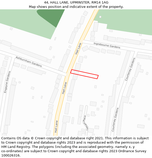 44, HALL LANE, UPMINSTER, RM14 1AG: Location map and indicative extent of plot