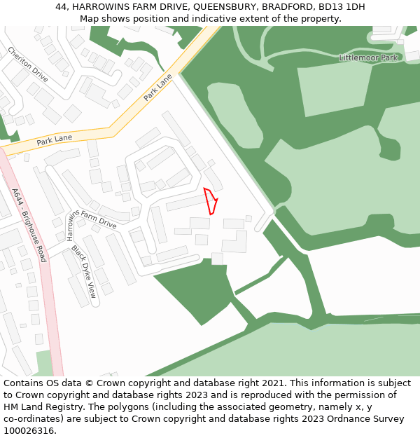 44, HARROWINS FARM DRIVE, QUEENSBURY, BRADFORD, BD13 1DH: Location map and indicative extent of plot