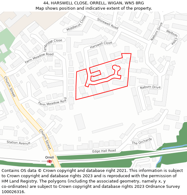 44, HARSWELL CLOSE, ORRELL, WIGAN, WN5 8RG: Location map and indicative extent of plot