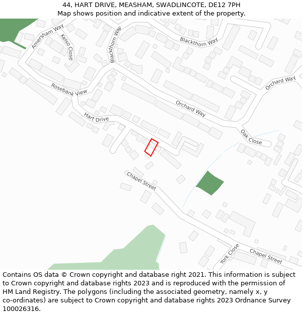 44, HART DRIVE, MEASHAM, SWADLINCOTE, DE12 7PH: Location map and indicative extent of plot