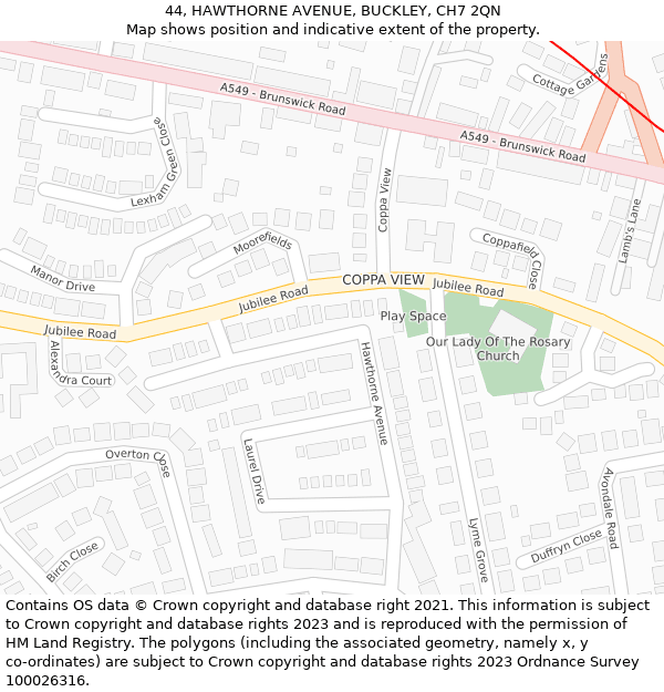 44, HAWTHORNE AVENUE, BUCKLEY, CH7 2QN: Location map and indicative extent of plot