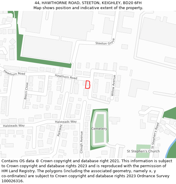 44, HAWTHORNE ROAD, STEETON, KEIGHLEY, BD20 6FH: Location map and indicative extent of plot