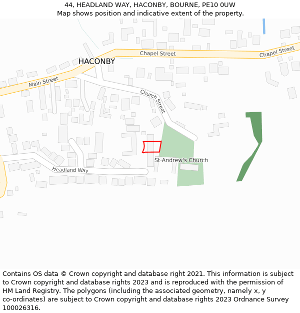 44, HEADLAND WAY, HACONBY, BOURNE, PE10 0UW: Location map and indicative extent of plot