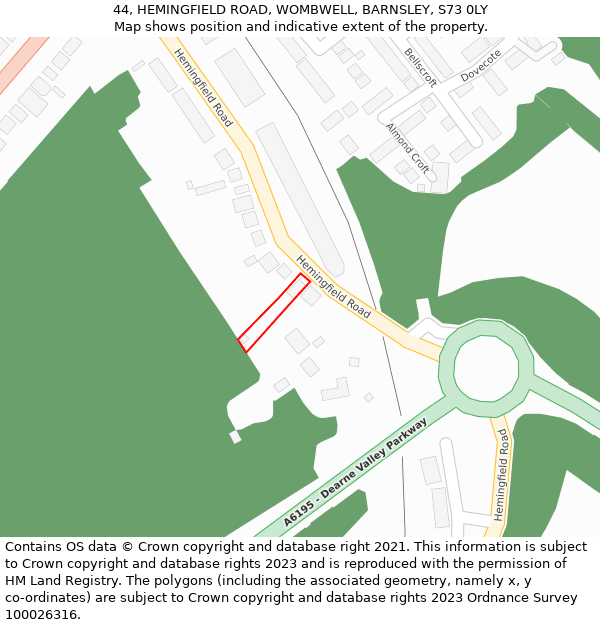 44, HEMINGFIELD ROAD, WOMBWELL, BARNSLEY, S73 0LY: Location map and indicative extent of plot