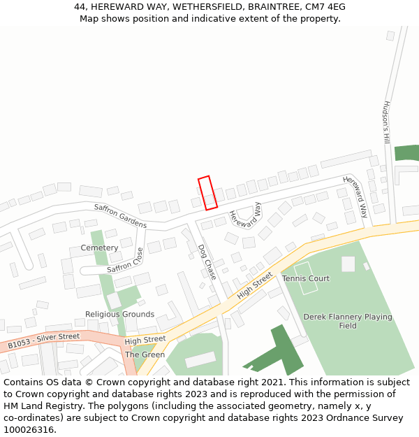 44, HEREWARD WAY, WETHERSFIELD, BRAINTREE, CM7 4EG: Location map and indicative extent of plot