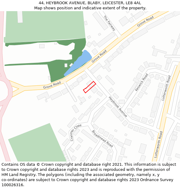 44, HEYBROOK AVENUE, BLABY, LEICESTER, LE8 4AL: Location map and indicative extent of plot