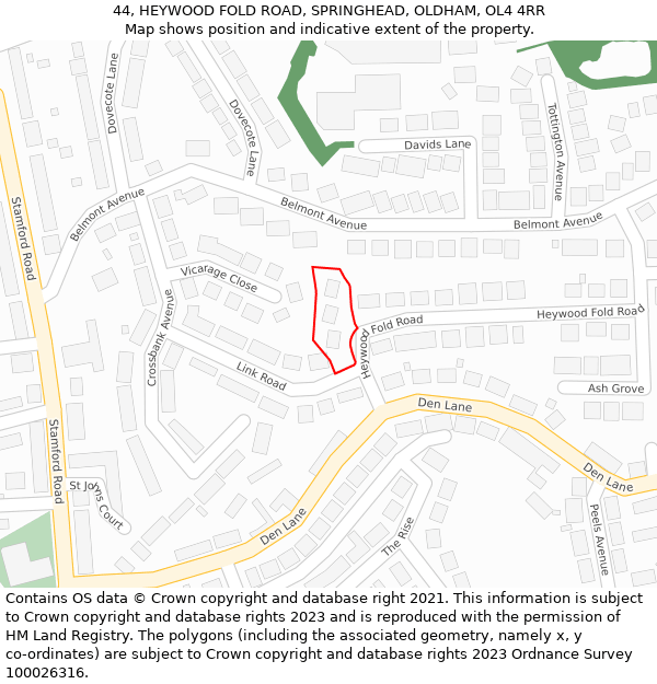 44, HEYWOOD FOLD ROAD, SPRINGHEAD, OLDHAM, OL4 4RR: Location map and indicative extent of plot